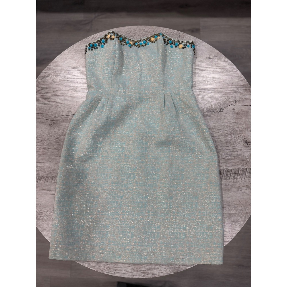Lilly Pulitzer Strapless Beaded Cocktail Dress Aqua Gold Wedding Guest Party - Picture 6 of 12